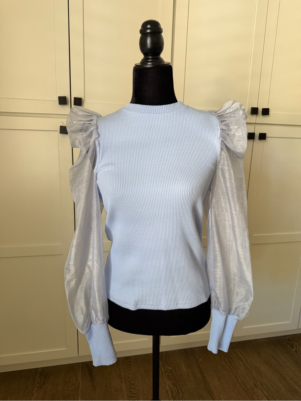 dolan Anthropologie Light Blue Ribbed Top with Sheer Puff Sleeves